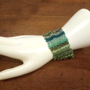 HANDMADE~Shades of Green Free Form Herringbone Cuff Bracelet. 7½"-10"